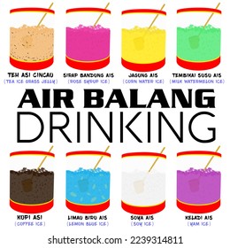 Air balang drinking (ROUND WATER DISPENSER DRINKING). teh ais, soya and more favorite air balang in malaysia. All drinking in iced. Vector illustration. 