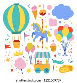 Air ballon, carousel, ice cream shop and other amusement park cute vector illustrations