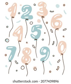 Objetos de ilustración de dígitos de globo de aire conjunto vector. Ilustraciones de fiesta de estilo plano