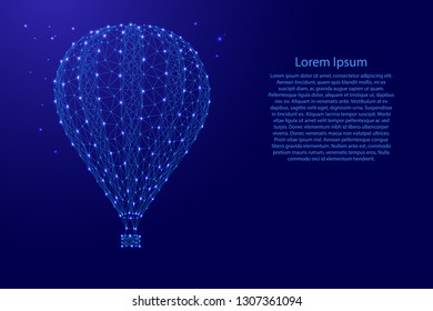 Air ballon to fly in the sky from futuristic polygonal blue lines and glowing stars for banner, poster, greeting card. Vector illustration.