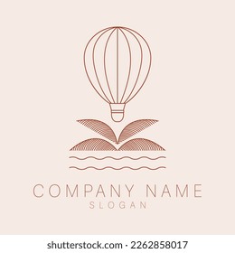 Air ballon, waves and palm logo design template. Modern bohemian abstract logotype. Luxury travel graphic design.