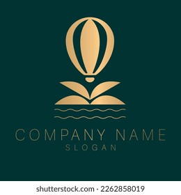 Air ballon, waves and palm logo design template. Modern bohemian abstract logotype. Luxury travel graphic design.