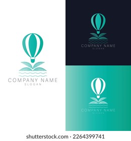Air ballon, waves and palm logo design template. Modern bohemian abstract logotype. Luxury travel graphic design.