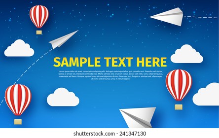 air ballons, clouds and paper planes  isolated on blue background with place for text
