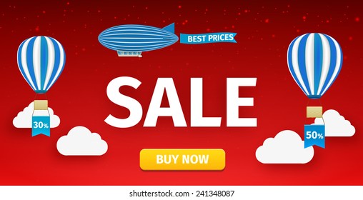 air ballons, clouds and air ship isokated on red background. Button buy now.