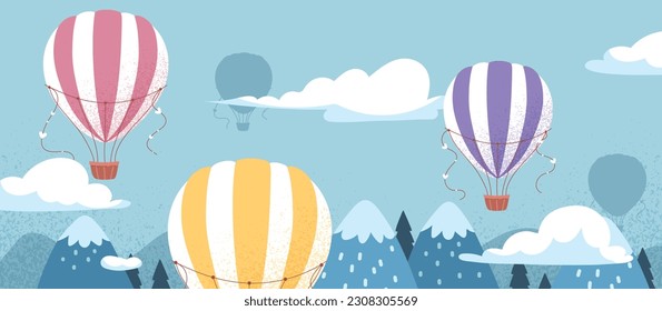 Air ballons in sky. Multicolored aircraft over snowcapped mountains. Travel and adventure. Imagination and fantasy. Beautiful natural landscape or panorama. Cartoon flat vector illustration