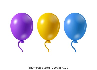 Juego de iconos 3d del vector de globos de aire. Diseño púrpura, amarillo y azul de cumpleaños simple, aislado en fondo blanco