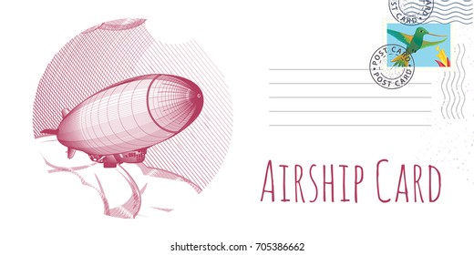 Air Balloon Aerostat Airship Dirigible card, vector engraving illustration. Greeting card. Postcard. Line art. Stamp. Mark.