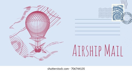 Air Balloon Aerostat Airship Dirigible Mail, vector engraving illustration. Greeting card. Postage card. Line art. Stamp. Mark.