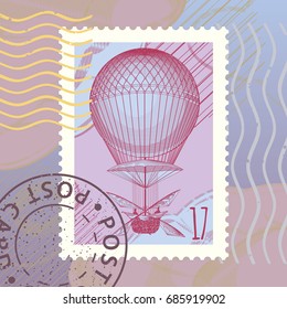 Air Balloon Aerostat card, vector engraving illustration. Stamp. Mark. Postcard.
