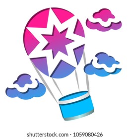 Air balloon among the clouds on white background to decorate postcards, flyers, banners, websites, posters.