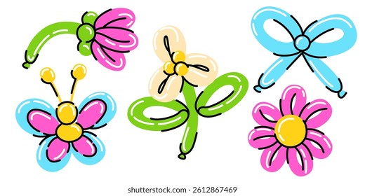 Air balloon butterfly and flowers set isolated on white background. Vector cartoon illustration of cute inflatable bubble figures for kids birthday party decoration, colorful holiday fun accessory