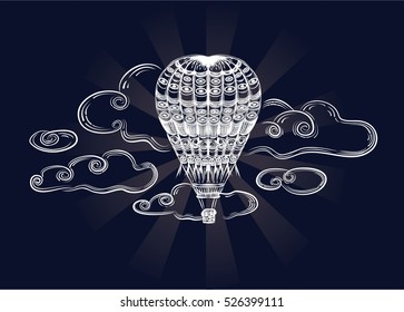 Air balloon with clouds on black background with radial strips. Coloring book.