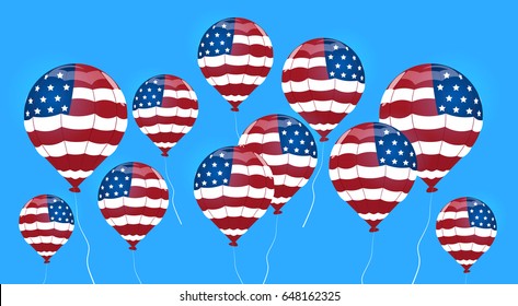 Air Balloon Colored In United States Flag. Independence Day Holiday, 4 July Banner Greeting Card Flat Vector Illustration