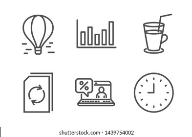 Air balloon, Column chart and Update document icons simple set. Online loan, Cocktail and Clock signs. Flight travel, Financial graph. Business set. Line air balloon icon. Editable stroke. Vector