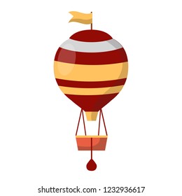 Air balloon decorated with flags isolated on white background. Transportation item with basket and heavy bags. Vintage transport for short distance journey vector illustration in flat style design