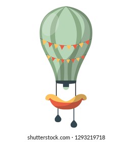 Air balloon decorated with flags isolated on white background. Transportation item with basket and heavy bags. Vintage transport for short distance journey vector illustration in flat style design