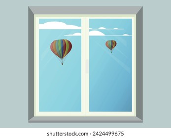 Globo de aire en vista del cielo del desierto desde la ventana, ilustración. Vuelo en globo aerostático. Minimalismo moderno.

