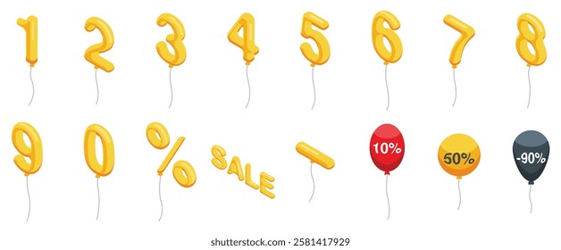  Air balloon discount icons set. Set of golden number balloons from zero to nine, percent and minus symbols, sale writing and discount percentage balloons