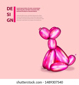 Air balloon dog sits. 3d realistic cute rubber toy. Creative birthday design. Shiny inflatable twist figure, fun party. Puppy pink vector pop art.