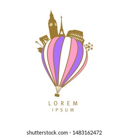 Air balloon with european showplace symbols, vector logotype concept