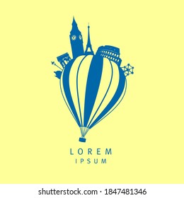 Air balloon with european showplace symbols, vector logotype design