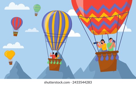 Air balloon flight concept. Men and women with telescopes and binoculars. Travel and trip, vacations and holidays. Romantic meeting and date in sky. Cartoon flat vector illustration