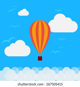 air balloon flying above clouds, Travel the world monument concept. vector illustrations