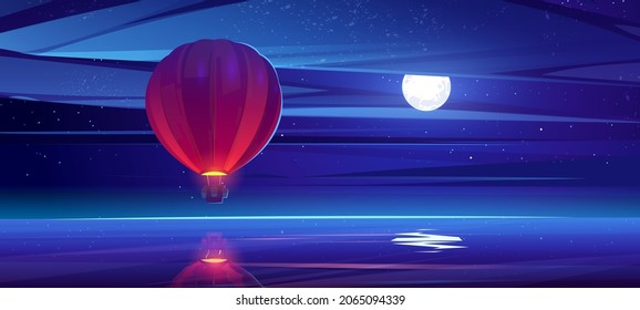 Air balloon flying above sea water at night sky with full moon, stars and clouds scenery background. Aerial travel with beautiful ocean landscape view. Journey, adventure Cartoon vector illustration