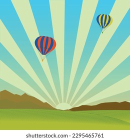 Air balloon flying over green hill landscape. Summer rural scene, vector illustration.