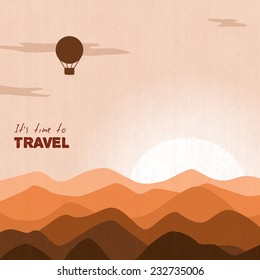 air balloon flying over mountains in sunset, retro-color monochrome, vector illustration