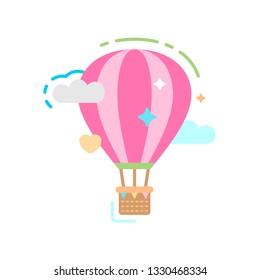 Air balloon flying in sky with clouds flat color icon. Journey concept. Sign for web page, mobile app, banner, social media. Pictogram UI/UX and GUI user interface. Vector clipart, illustration.