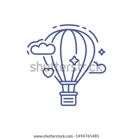 Air balloon flying in sky with clouds line  icon. Journey concept. Sign for web page, mobile app, banner, social media. UI/UX/GUI design element. Vector clipart, illustration, template.