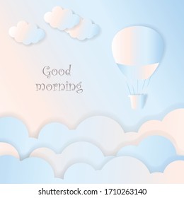 air balloon flying through the sky with clouds - vector illustration, eps