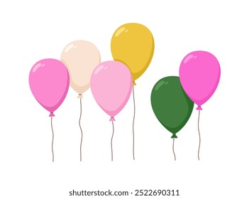 Air balloon flying up. Festive baloons in row. Holiday helium ballons on strings, ropes soaring, flying. Birthday decoration, ornament, gift. Flat vector illustration isolated on white background