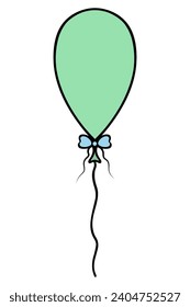 Air balloon. The green rubber ball is tied with a blue bow. Color vector illustration. Cartoon style. A lovely decoration for any occasion. Isolated background. 