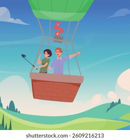 Air balloon. happy characters male and female making selfie in flying air balloon