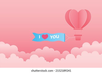 Air balloon and heart paper-cut floating in the sky and "i love you" sign.