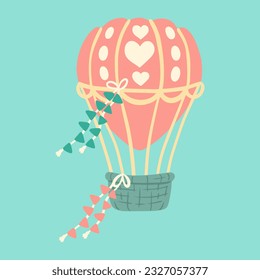 Air balloon with hearts and bunting flags on ribbon, twine, string. Hot air balloon, aerostat. Children's illustration for for greeting card, invitation, print, sticker. Birthday and valentine's day.