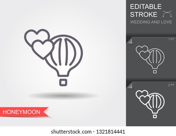 Air balloon and hearts. Line icon with editable stroke. Linear wedding symbol