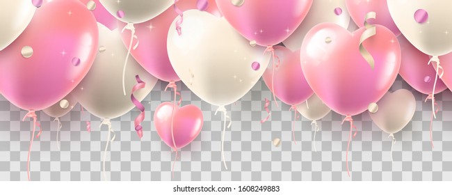 Air balloon hearts. Seamless  Valentine's Day garland on transparent background
