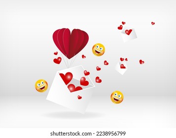 Air balloon holding postal envelope with flying hearts and happy smiling emoji isolated on white background. Valentine's day, love, romantic concept. Graphic for design