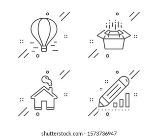 Air balloon, Home and Packing boxes line icons set. Edit statistics sign. Flight travel, House building, Delivery box. Seo manage. Technology set. Line air balloon outline icon. Vector