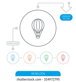 Air balloon icon. Fly transport sign. Airship travel symbol. Line circle buttons. Download arrow symbol. Vector