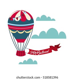 air balloon icon with red ribbon over skybackground. colorful design. vector illustration