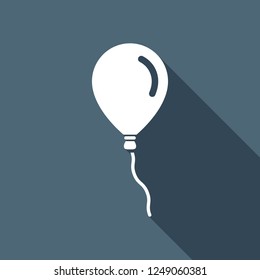Air balloon icon. Sign of celebration. White flat icon with long shadow on blue background