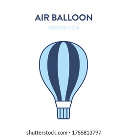 Air balloon icon. Vector flat outline illustration of a striped air balloon with a basket.  