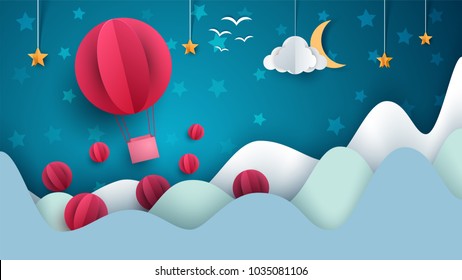Air balloon illustration. Cartoon paper landscape. Vector eps 10