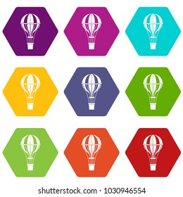 Air balloon journey icon set many color hexahedron isolated on white vector illustration