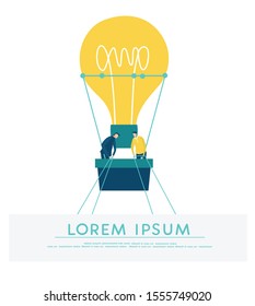 Air Balloon Light bulb with two business people in basket caring banner with  space for text. Concept illustration, finding new opportunity, progress, success and support ideas.